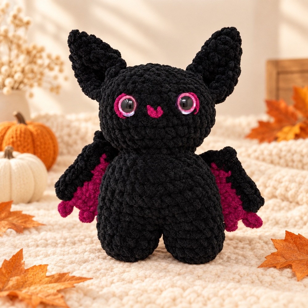 Handmade Crochet Bat Plush Black Magenta Halloween Gothic Amigurumi Decor